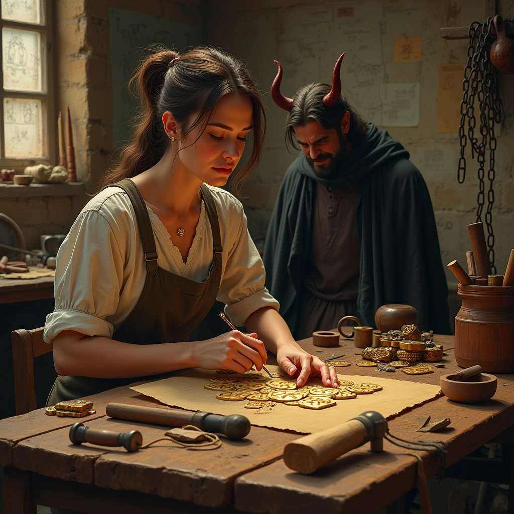 Acht der Pentacles und der Teufel