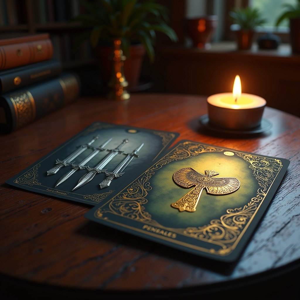 Fünf Schwerter und As der Pentacles